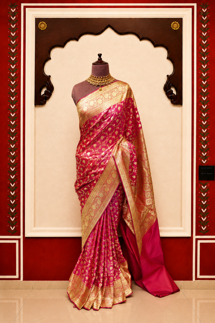 Zartari Handwoven Banarasi Silk Saree in Rose Pink with Rich Gold Zari Floral Butti Alternate Angle