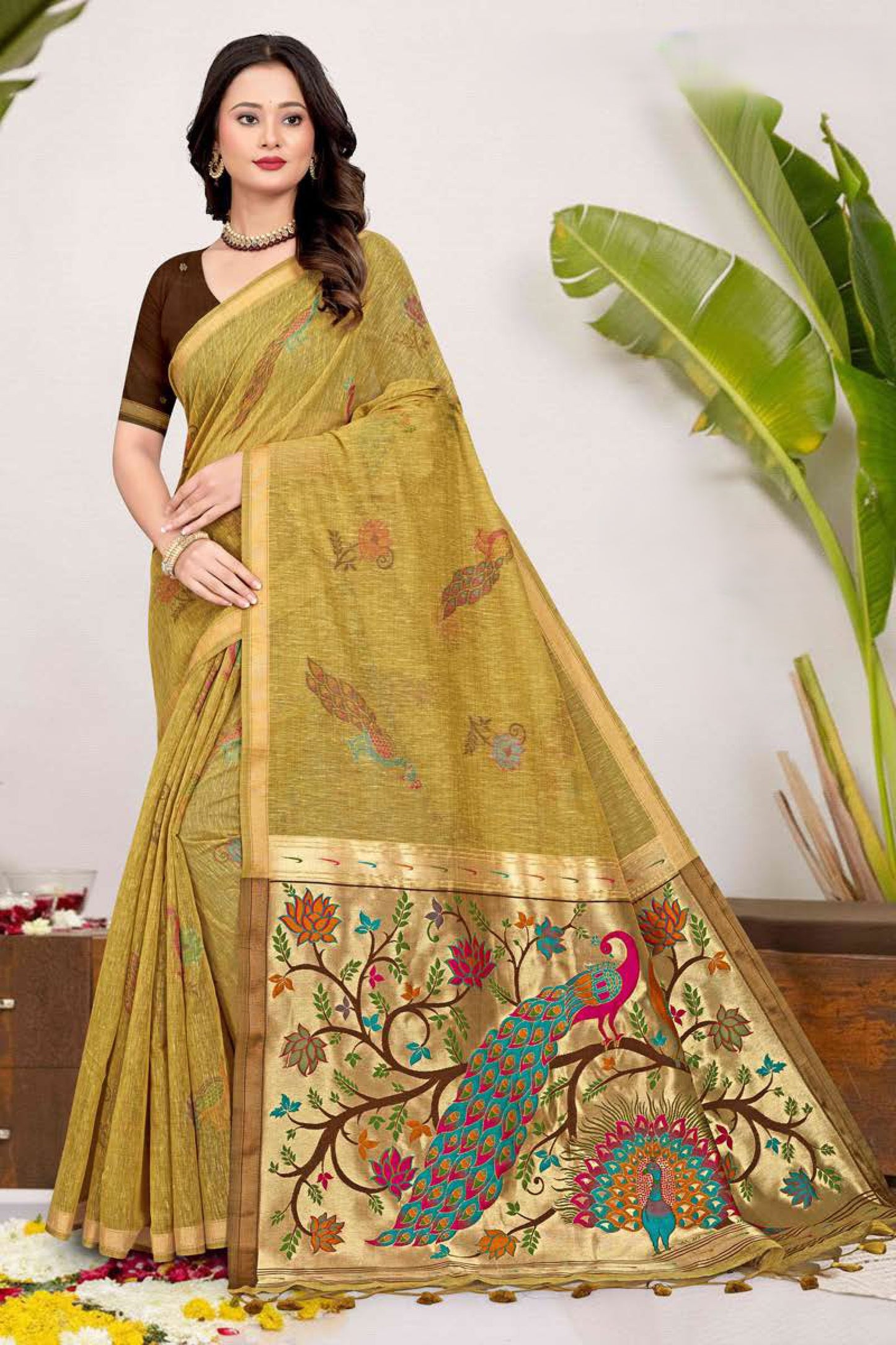 Paithani Saree with Peacock Tree of Life Pallu, Printed Feather Motif - Festive & Office Wear Saree for Women