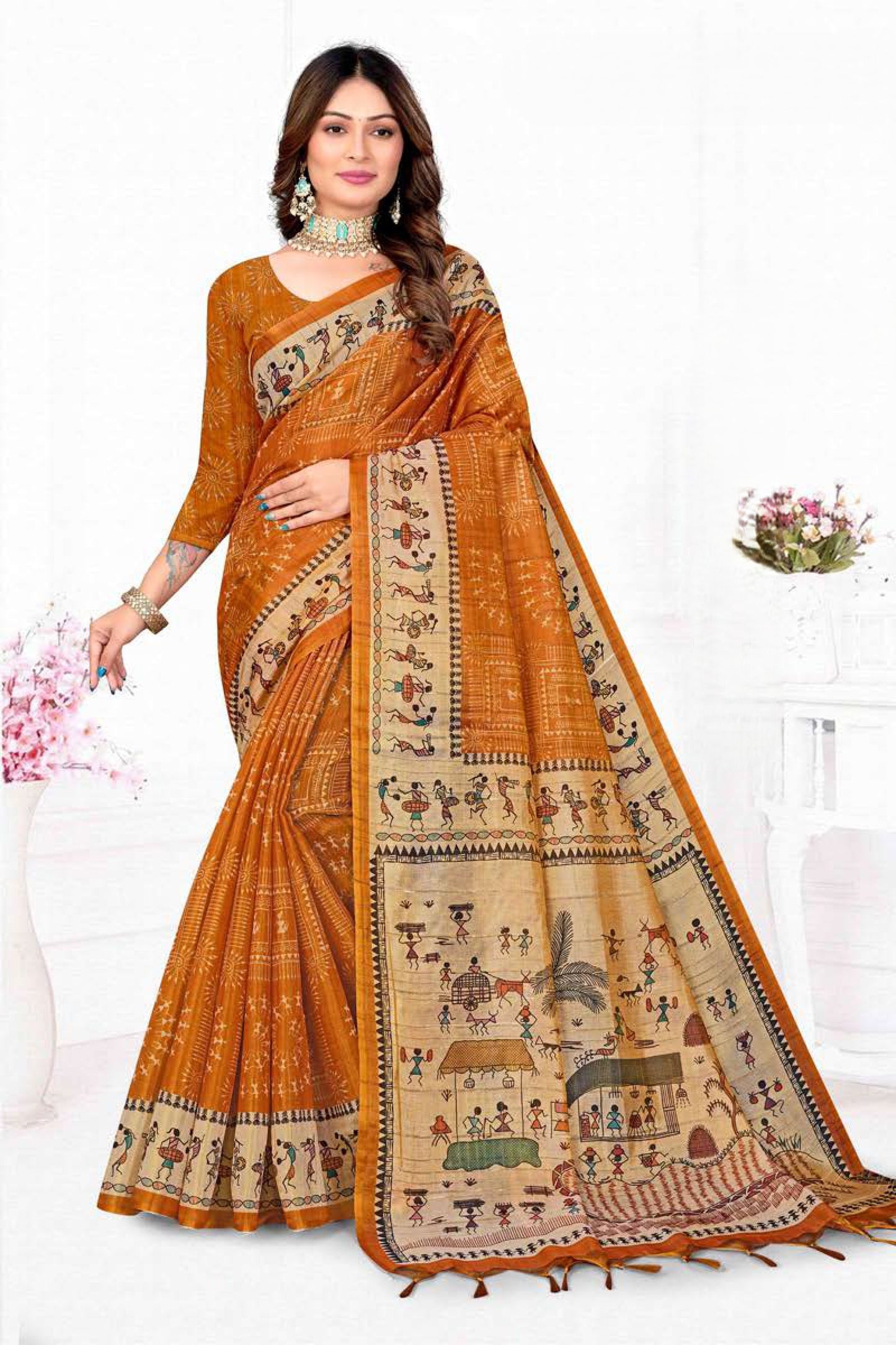 Premium Tissue Tussar Silk Saree with Traditional Warli Tribal Art and Contrast Blouse Piece