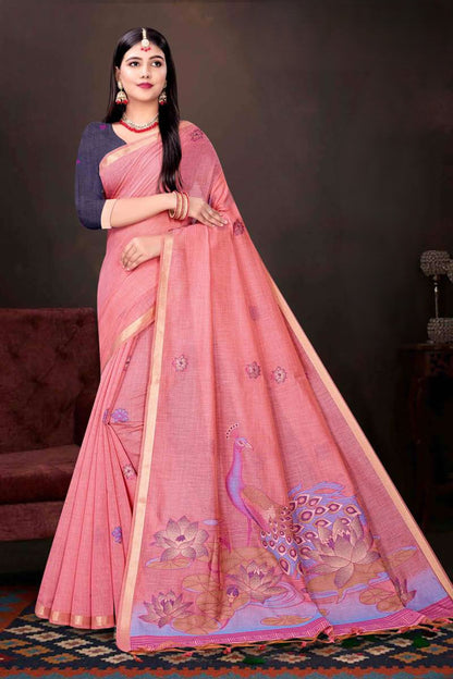 Exclusive Kalamkari Print Blended Mul Cotton Saree with Elegant Peacock & Lotus Pallu Woven Zari Border