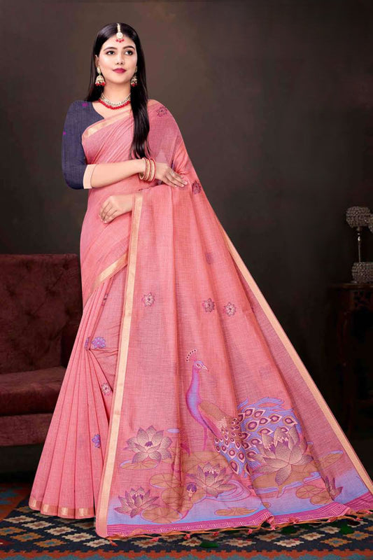 Exclusive Kalamkari Print Blended Mul Cotton Saree with Elegant Peacock & Lotus Pallu Woven Zari Border