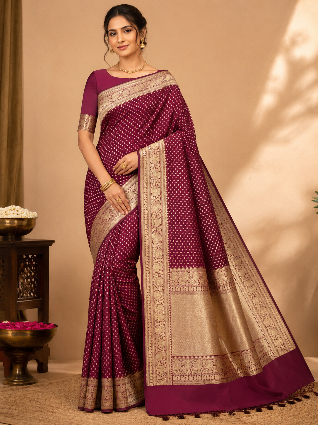 Zartari Handwoven Banarasi Silk Saree in Wine Maroon with Rich Gold Zari Floral Border & Butti
