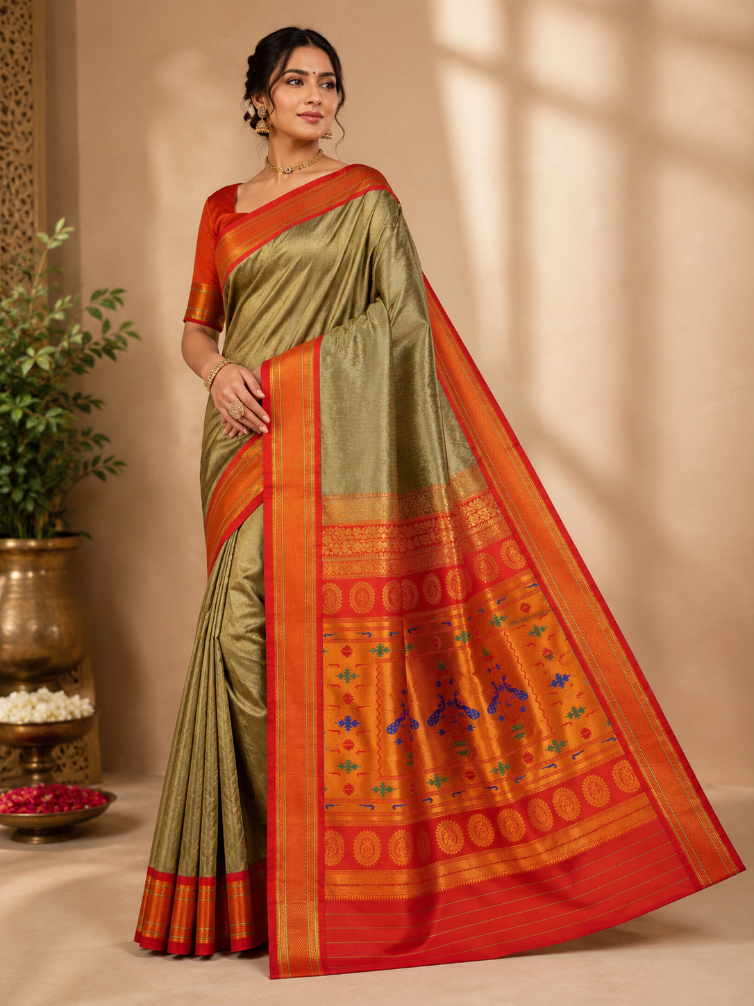 ZARTARI Paithani Silk Saree – Olive Green with Red-Orange Zari Border & Traditional Peacock Pallu