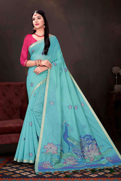 Exclusive Kalamkari Print Blended Mul Cotton Saree with Elegant Peacock & Lotus Pallu Woven Zari Border