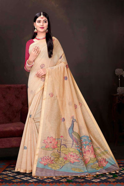 Exclusive Kalamkari Print Blended Mul Cotton Saree with Elegant Peacock & Lotus Pallu Woven Zari Border