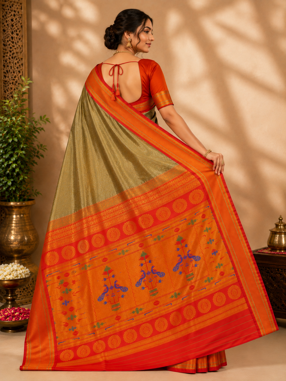 ZARTARI Paithani Silk Saree – Olive Green with Red-Orange Zari Border & Traditional Peacock Pallu