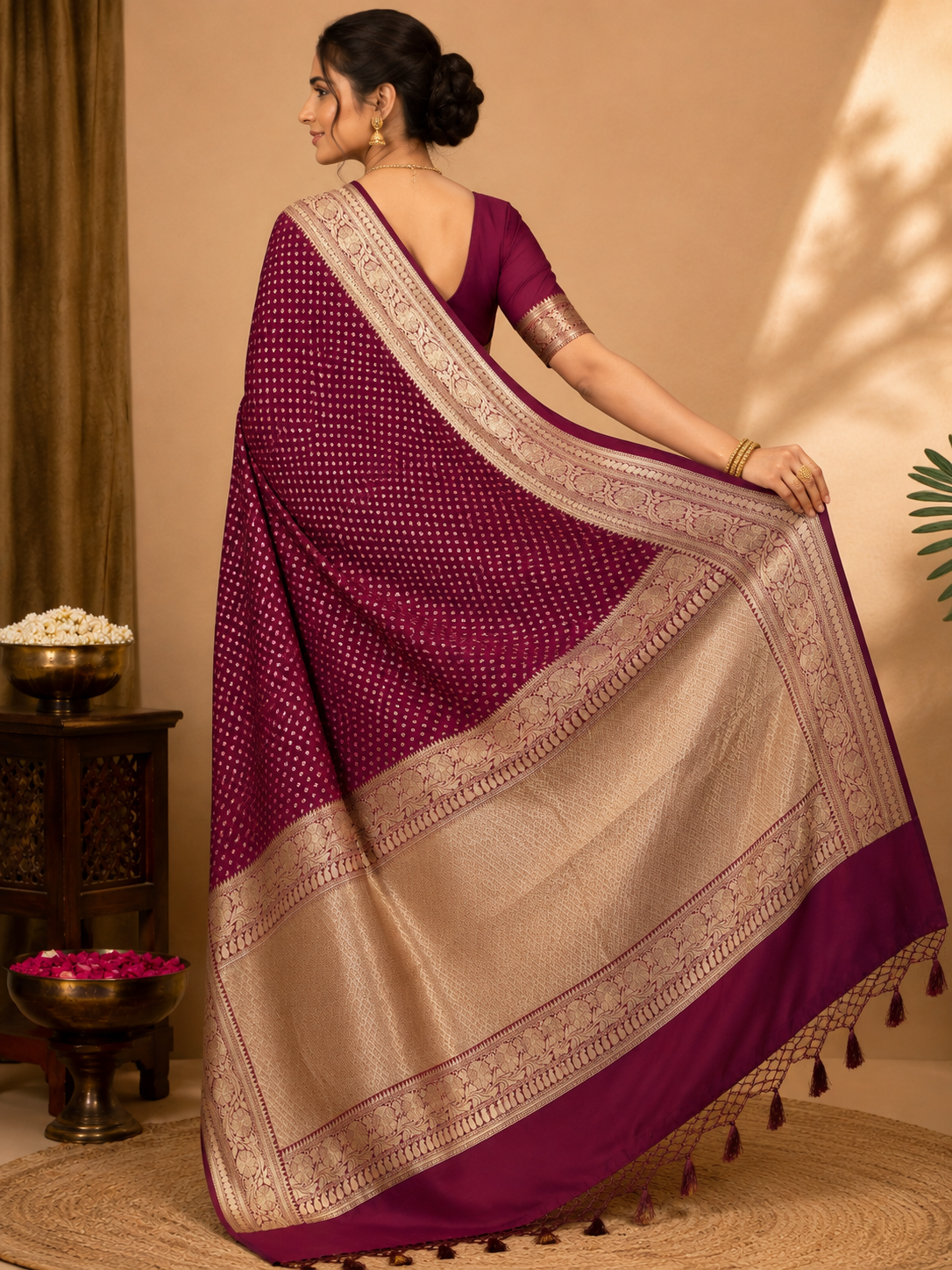 Zartari Handwoven Banarasi Silk Saree in Wine Maroon with Rich Gold Zari Floral Border & Butti