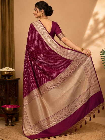 Banarasi Silk Saree in Wine Maroon with Rich Gold Zari Floral Border & Butti