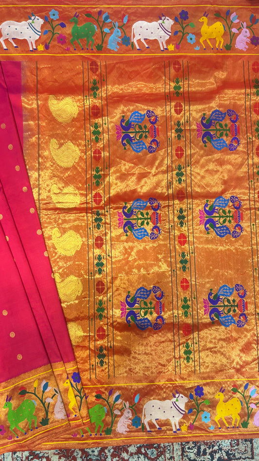 Cow & Lotus Border Designer Paithani Saree- Pink
