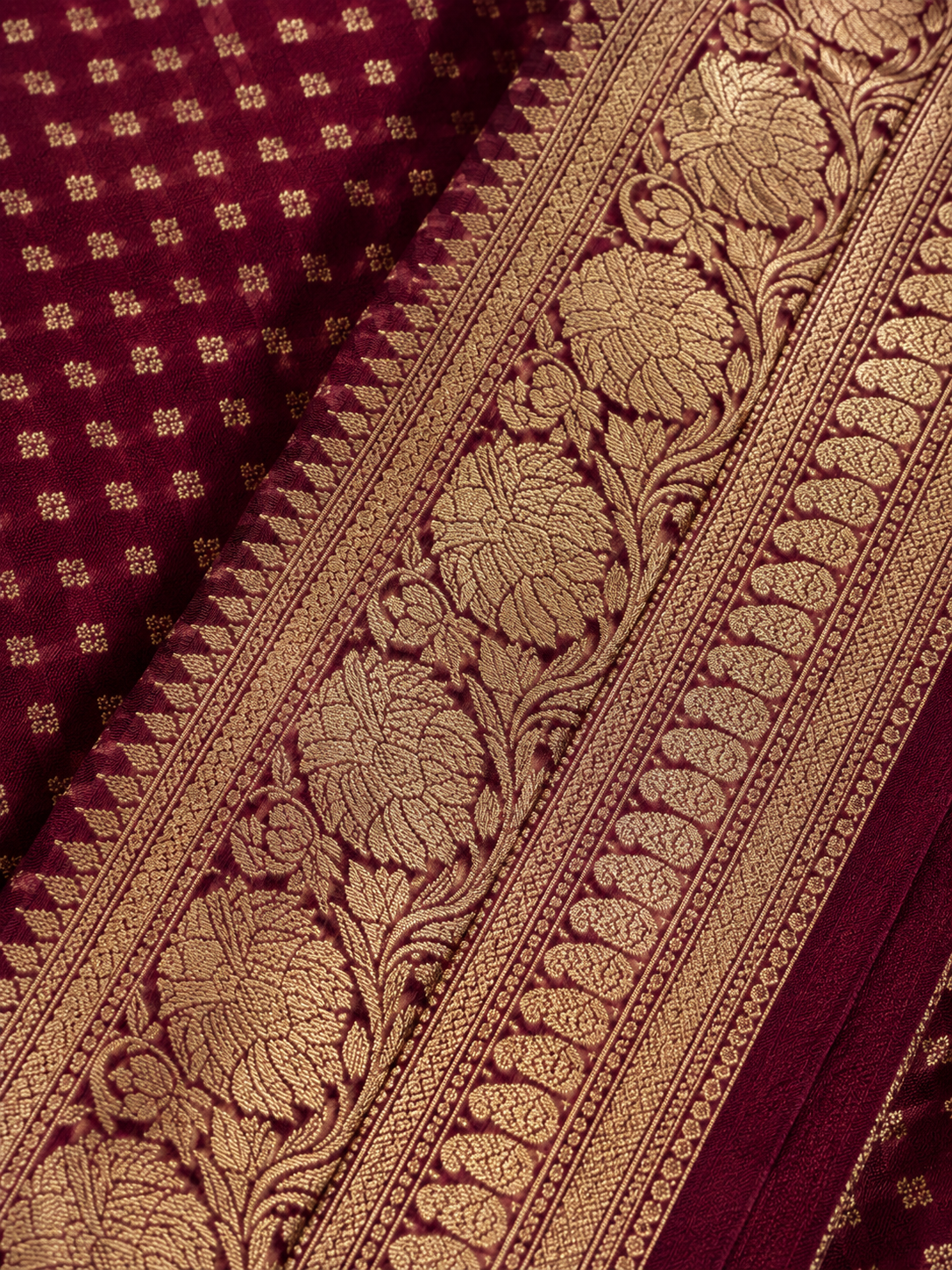 Zartari Handwoven Banarasi Silk Saree in Wine Maroon with Rich Gold Zari Floral Border & Butti