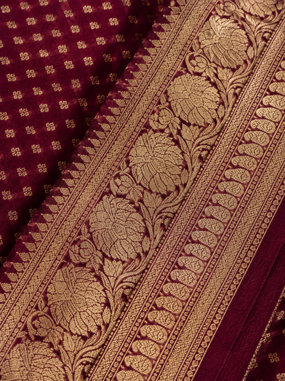 Banarasi Silk Saree in Wine Maroon with Rich Gold Zari Floral Border & Butti