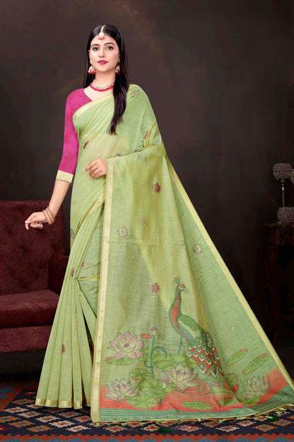 Exclusive Kalamkari Print Blended Mul Cotton Saree with Elegant Peacock & Lotus Pallu Woven Zari Border