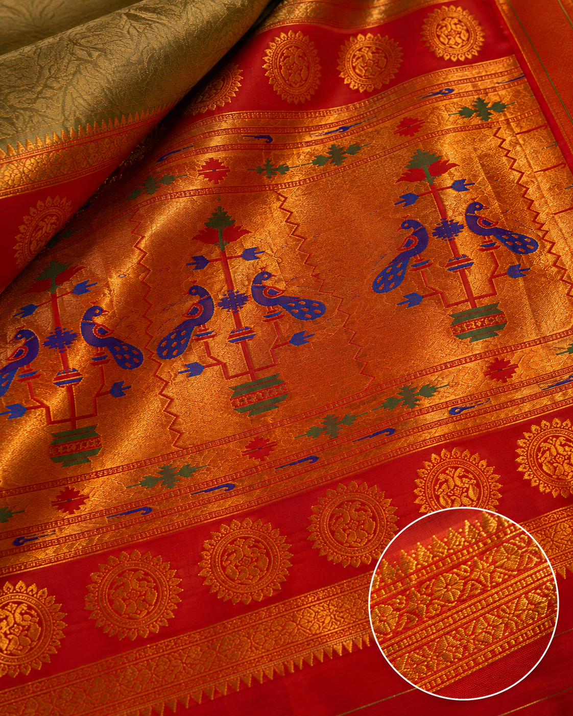 ZARTARI Paithani Silk Saree – Olive Green with Red-Orange Zari Border & Traditional Peacock Pallu