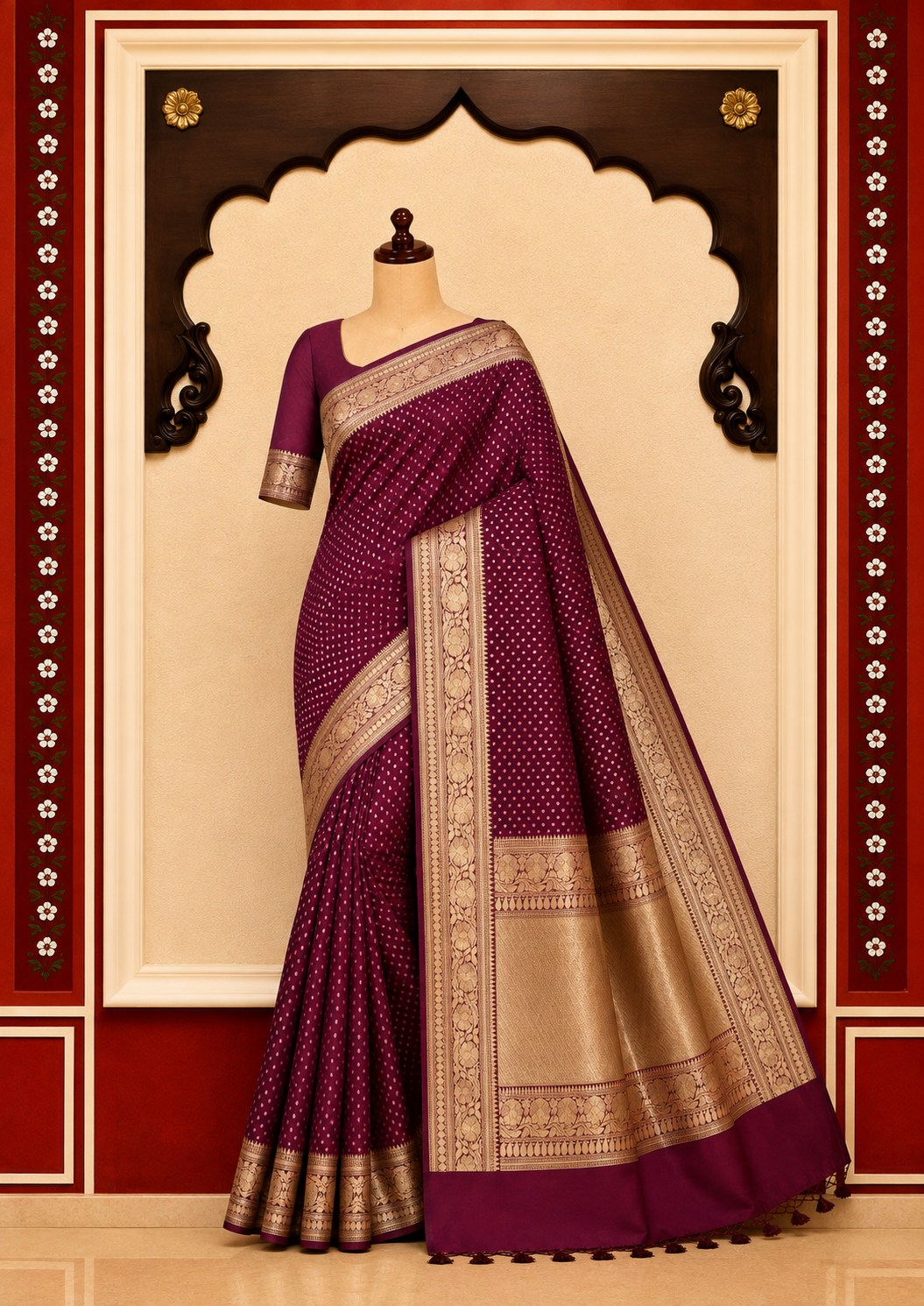 Zartari Handwoven Banarasi Silk Saree in Wine Maroon with Rich Gold Zari Floral Border & Butti