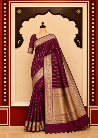 Banarasi Silk Saree in Wine Maroon with Rich Gold Zari Floral Border & Butti