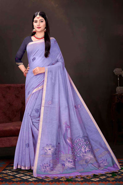 Exclusive Kalamkari Print Blended Mul Cotton Saree with Elegant Peacock & Lotus Pallu Woven Zari Border