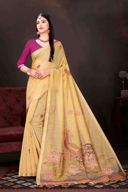 Exclusive Kalamkari Print Blended Mul Cotton Saree with Elegant Peacock & Lotus Pallu Woven Zari Border