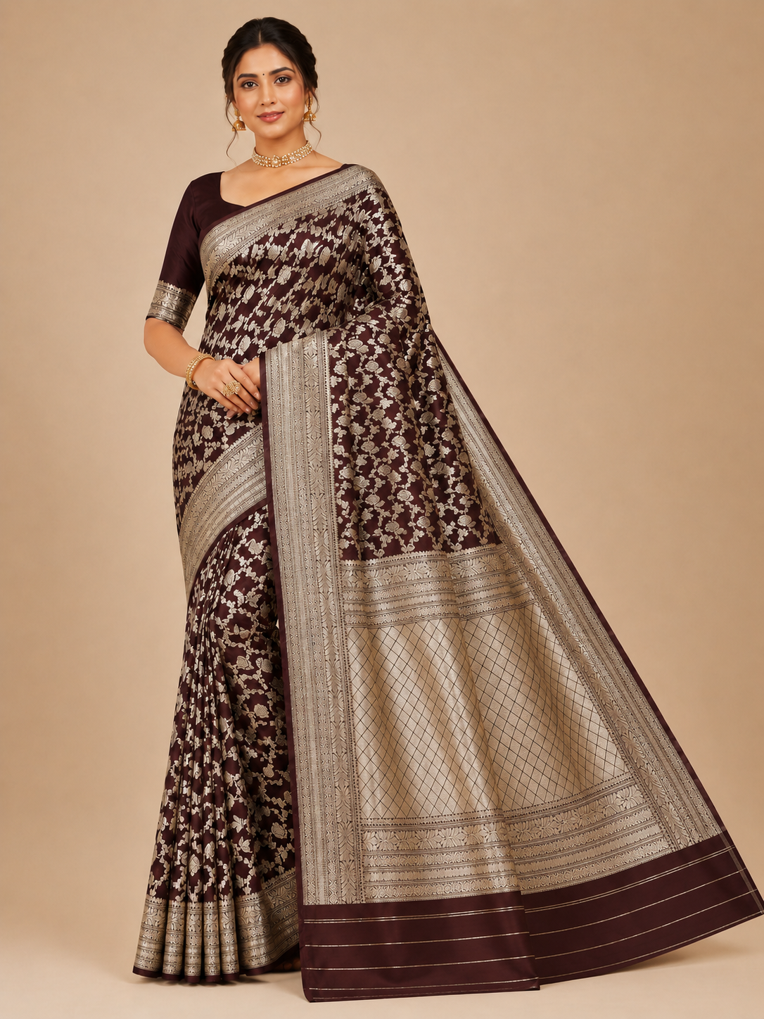 ZARTARI Banarasi Silk Saree – Deep Maroon with Silver Zari Floral Jaal & Rich Zari Border