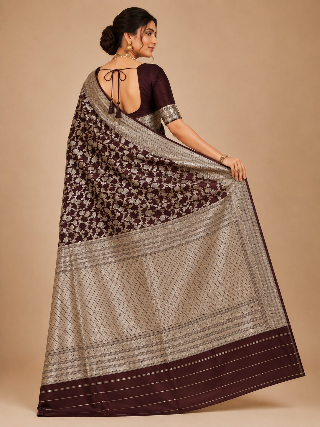 ZARTARI Banarasi Silk Saree – Deep Maroon with Silver Zari Floral Jaal & Rich Zari Border