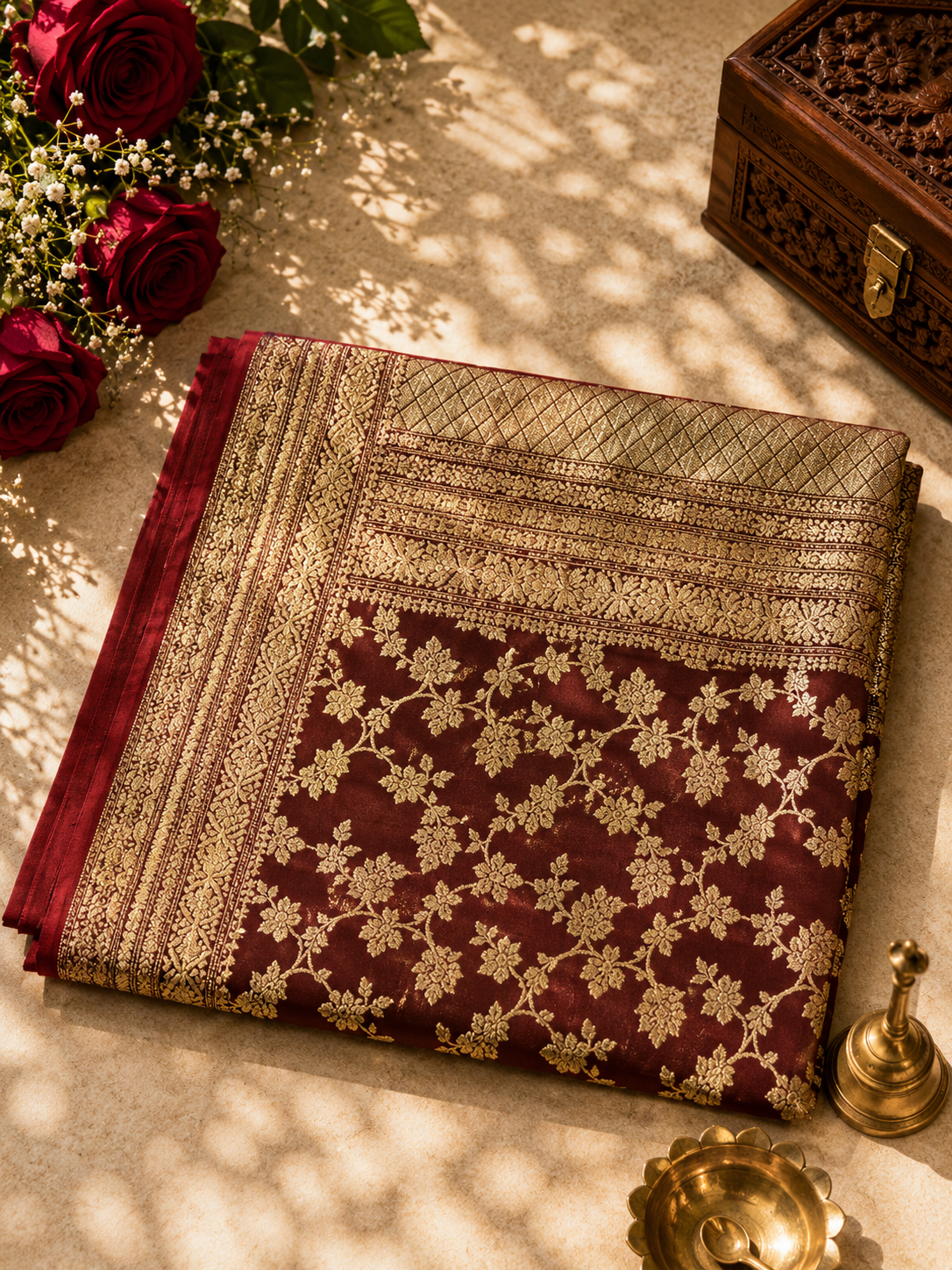 ZARTARI Banarasi Silk Saree – Deep Maroon with Silver Zari Floral Jaal & Rich Zari Border