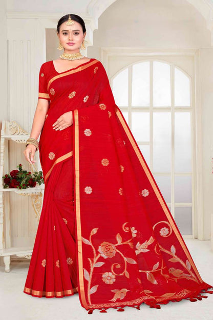 Zartari Blended Mul Cotton Saree with Elegant Floral Woven Pallu & Gold Zari Border