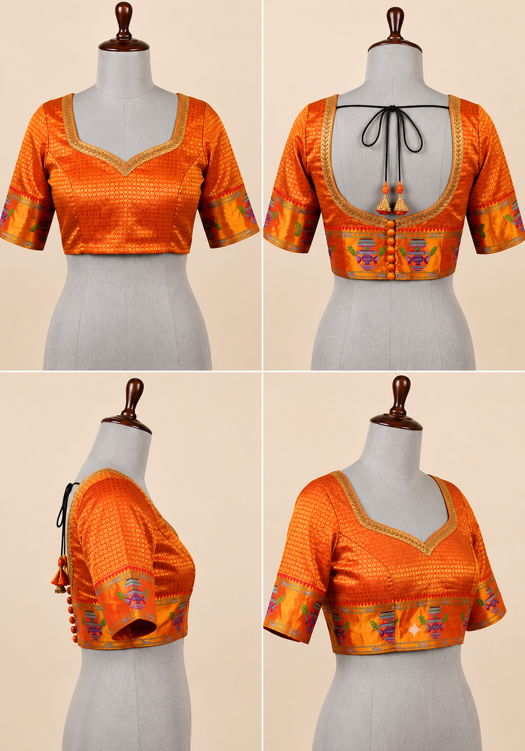 Zartari Blue Paithani Silk Saree with Orange Zari Peacock Motif Border