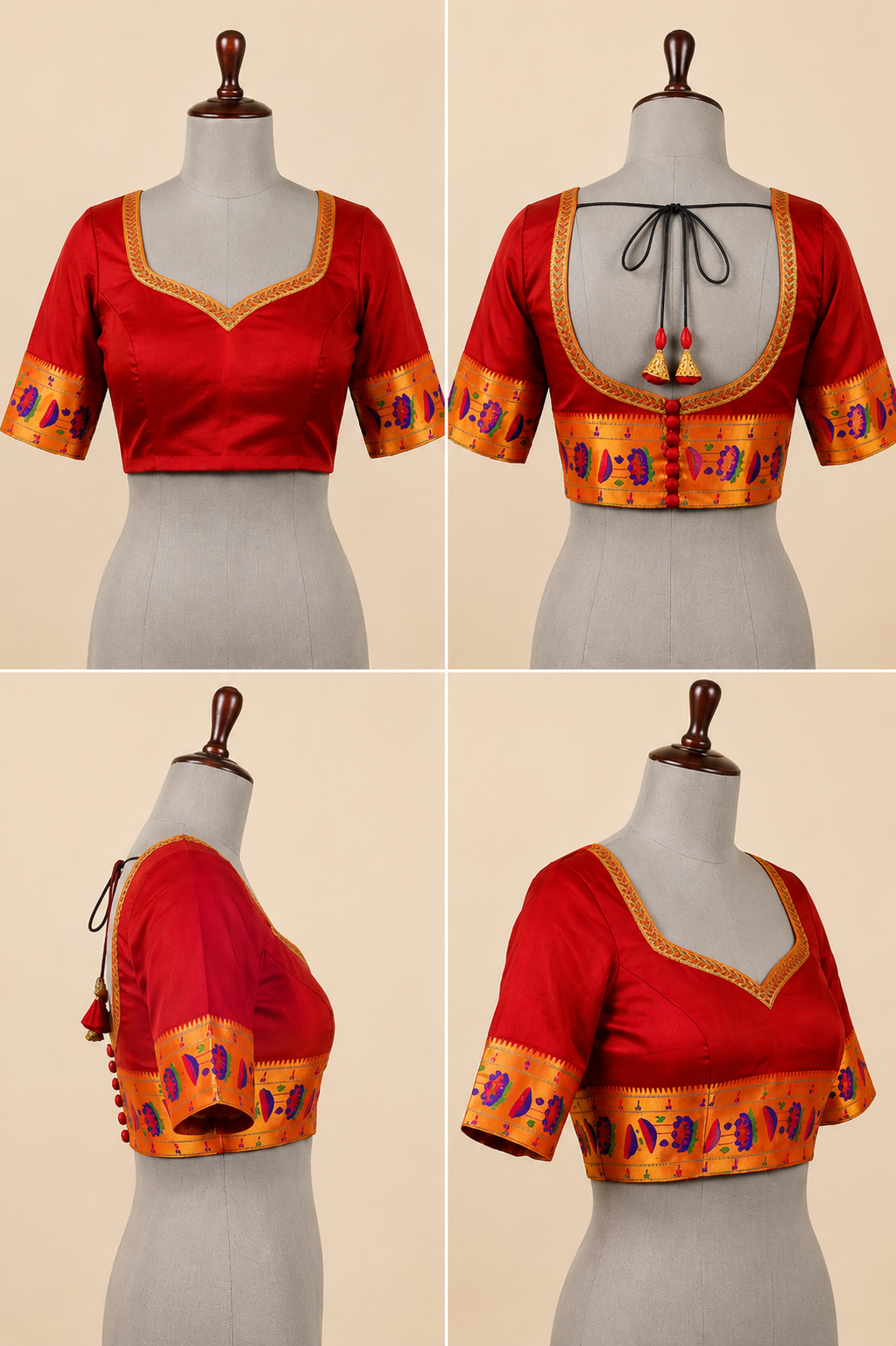Zartari Teal Paithani Silk Saree with Orange Zari Umbrella Motif Border