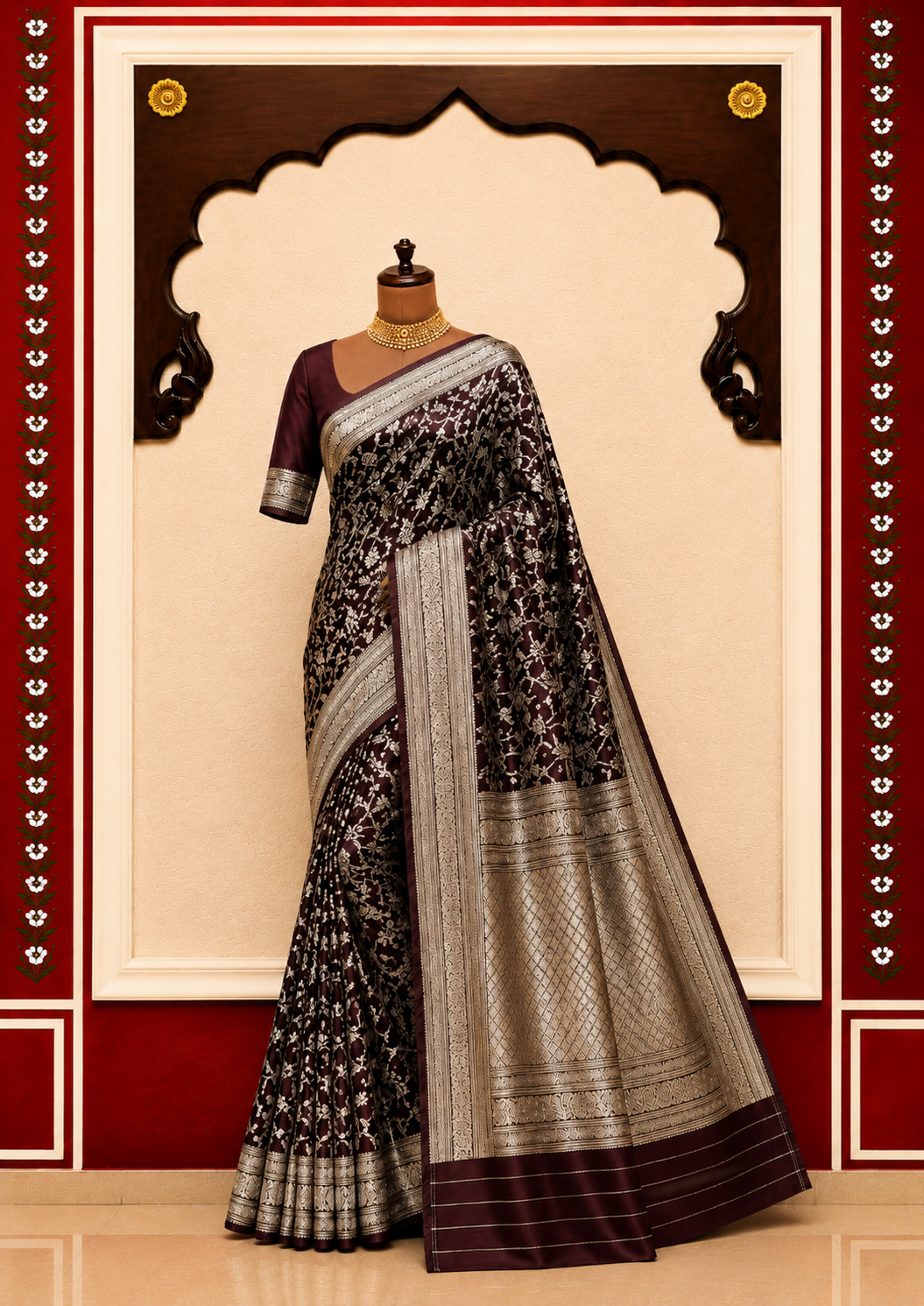 ZARTARI Banarasi Silk Saree – Deep Maroon with Silver Zari Floral Jaal & Rich Zari Border