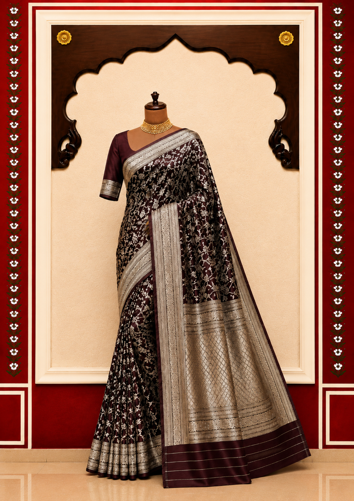 ZARTARI Banarasi Silk Saree – Deep Maroon with Silver Zari Floral Jaal & Rich Zari Border Alternate Angle