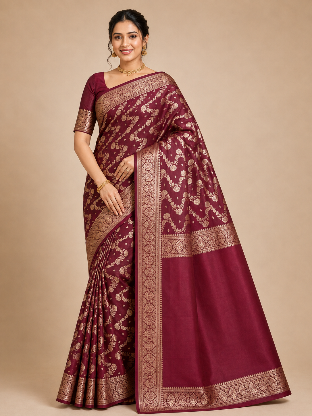 ZARTARI Banarasi Silk Saree – Wine Maroon with Rich Golden Floral Zari Jaal & Traditional Border