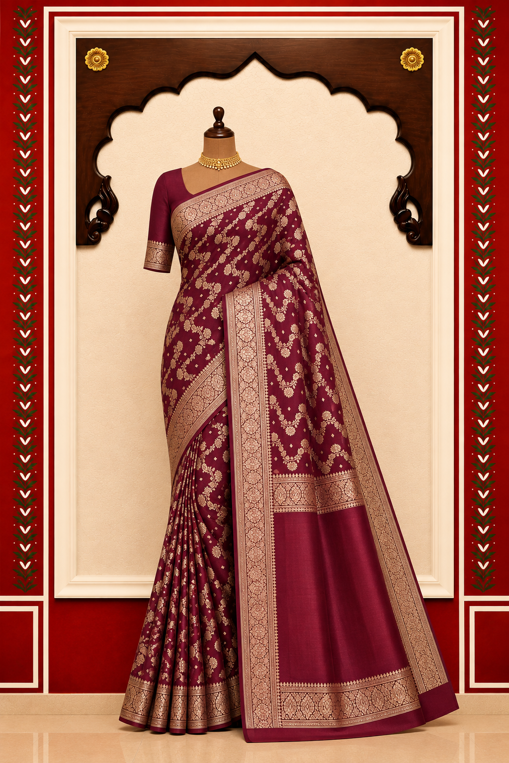 ZARTARI Banarasi Silk Saree – Wine Maroon with Rich Golden Floral Zari Jaal & Traditional Border