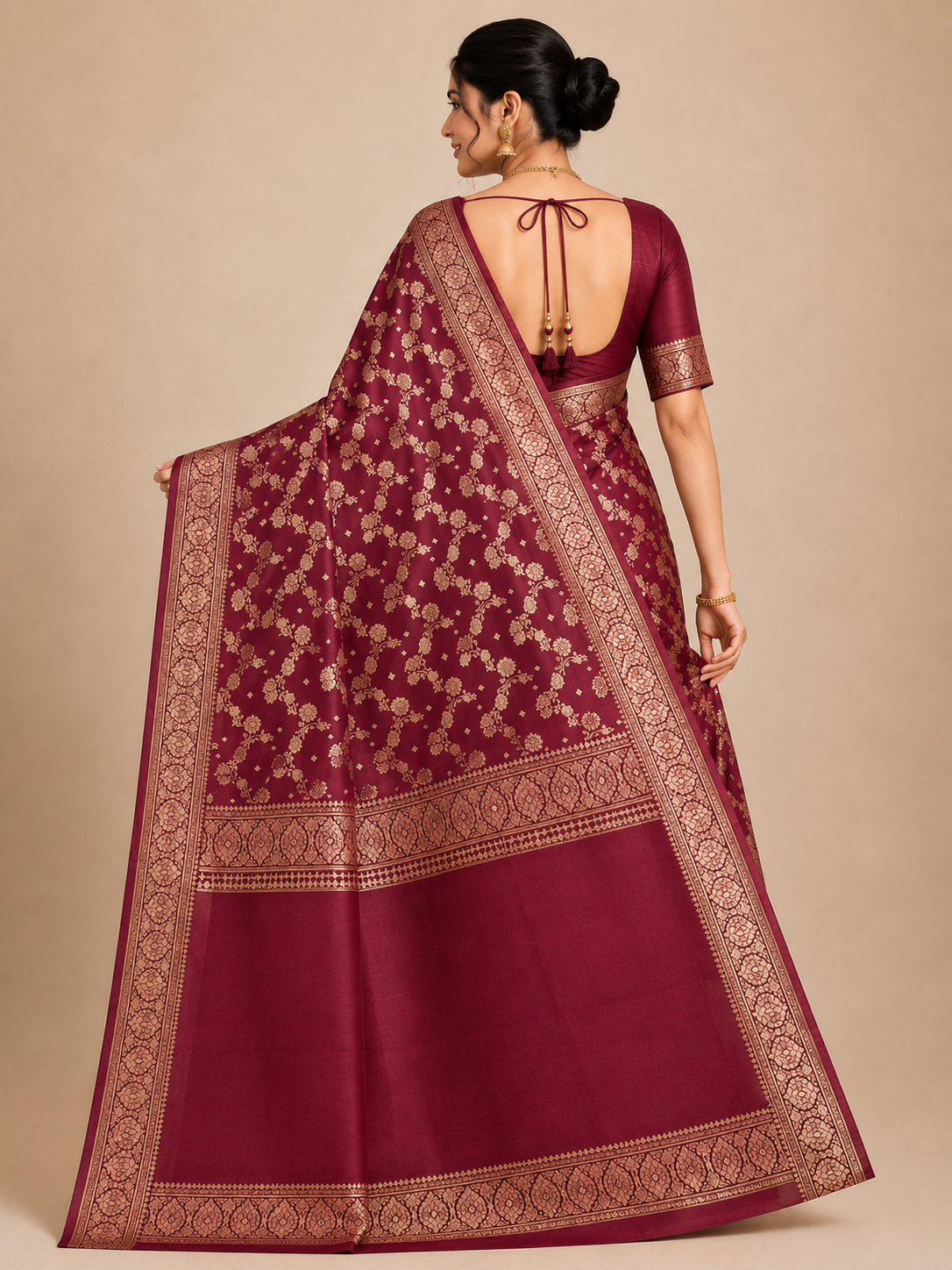 ZARTARI Banarasi Silk Saree – Wine Maroon with Rich Golden Floral Zari Jaal & Traditional Border