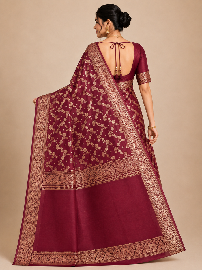 ZARTARI Banarasi Silk Saree – Wine Maroon with Rich Golden Floral Zari Jaal & Traditional Border Alternate Angle