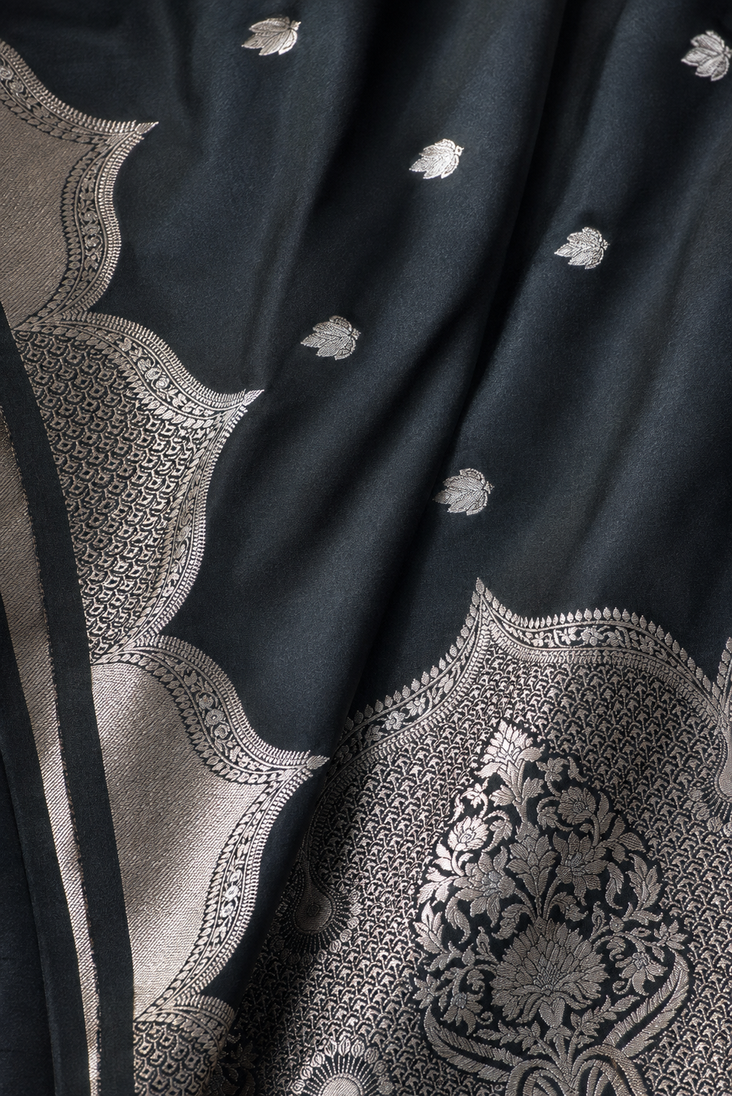 Zartari Handwoven Banarasi Silk Saree in Black with Rich Silver Zari Leaf Butti & Ornate Pallu