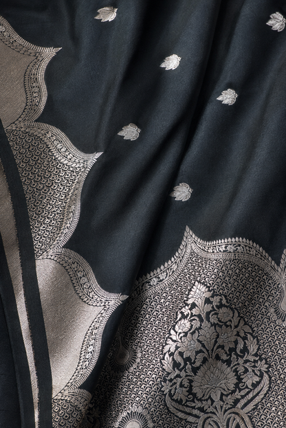 Banarasi Silk Saree in Black with Rich Silver Zari Leaf Butti & Ornate Pallu