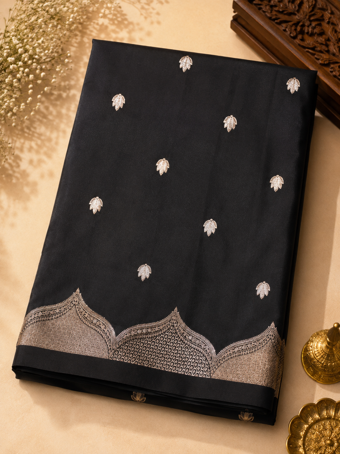 Zartari Handwoven Banarasi Silk Saree in Black with Rich Silver Zari Leaf Butti & Ornate Pallu