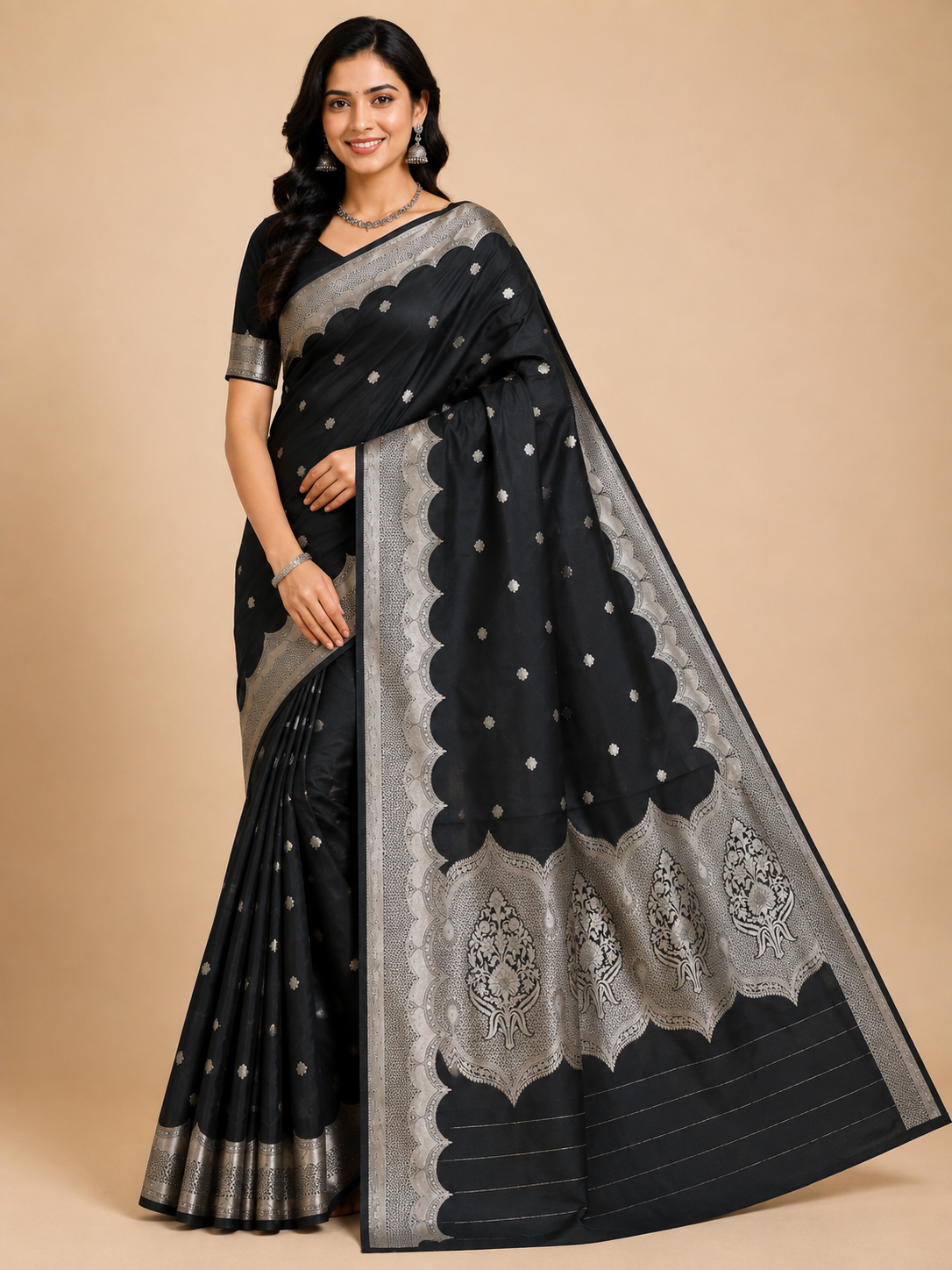 Zartari Handwoven Banarasi Silk Saree in Black with Rich Silver Zari Leaf Butti & Ornate Pallu