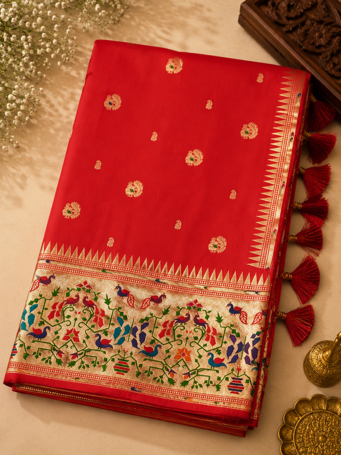 Zartari Handwoven Paithani Silk Saree in Red with Multicolour Peacock & Floral Zari Pallu