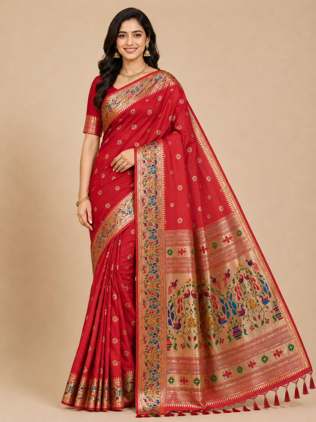 Zartari Handwoven Paithani Silk Saree in Red with Multicolour Peacock & Floral Zari Pallu
