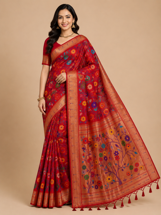 Zartari Handwoven Paithani Silk Saree in Red with Multicolour Floral Jaal & Floral Tree Pallu