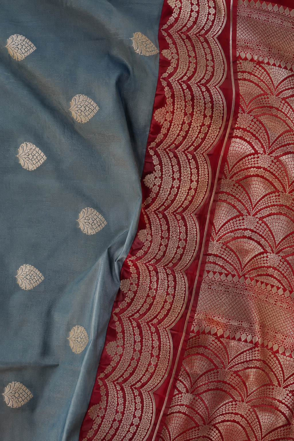 Zartari Banarasi Silk Saree in Blue with Silver Zari Leaf Butti & Rich Maroon Border