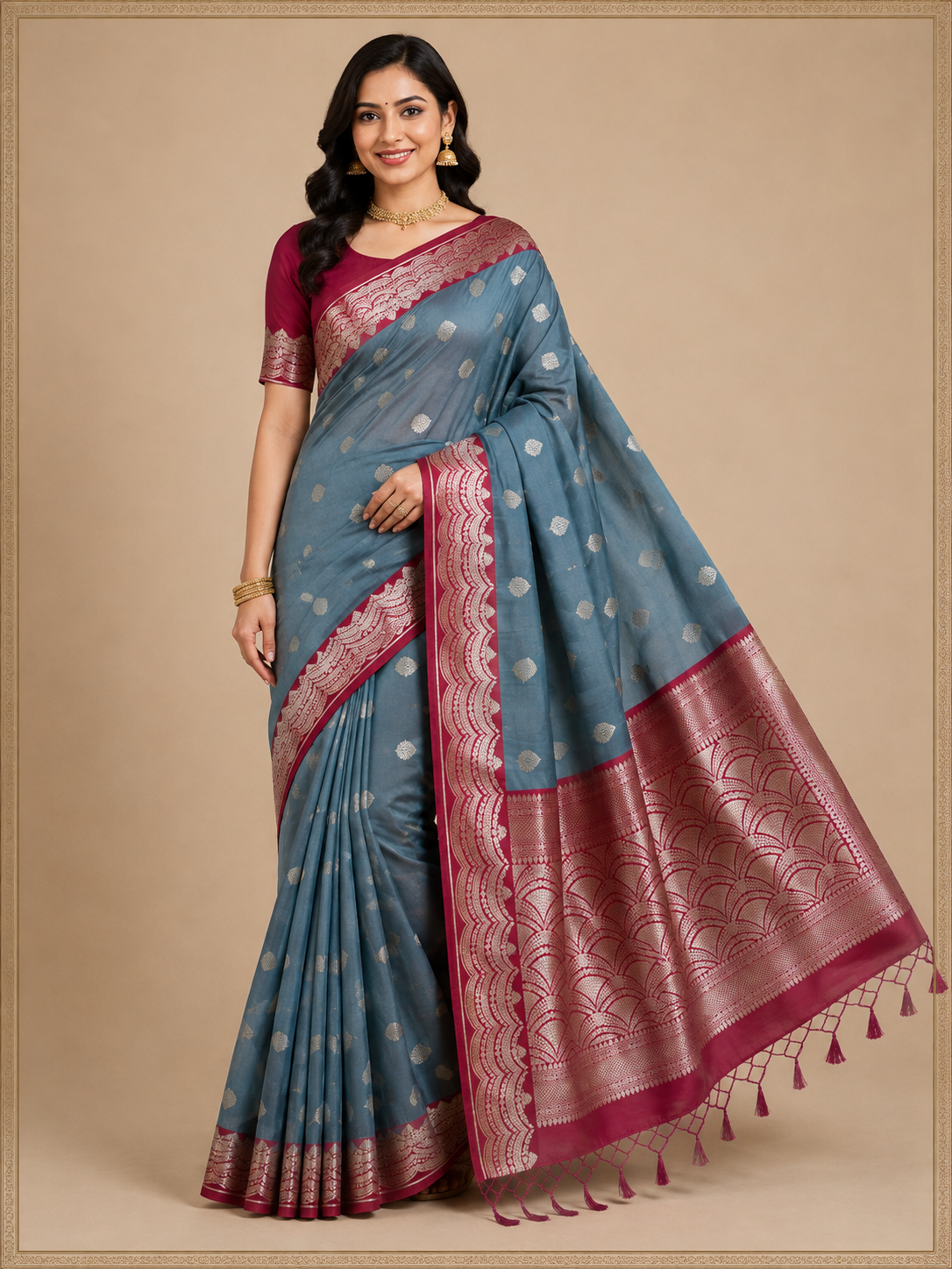 Zartari Banarasi Silk Saree in Blue with Silver Zari Leaf Butti & Rich Maroon Border