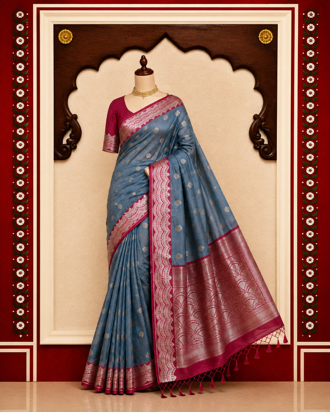 Zartari Banarasi Silk Saree in Blue with Silver Zari Leaf Butti & Rich Maroon Border