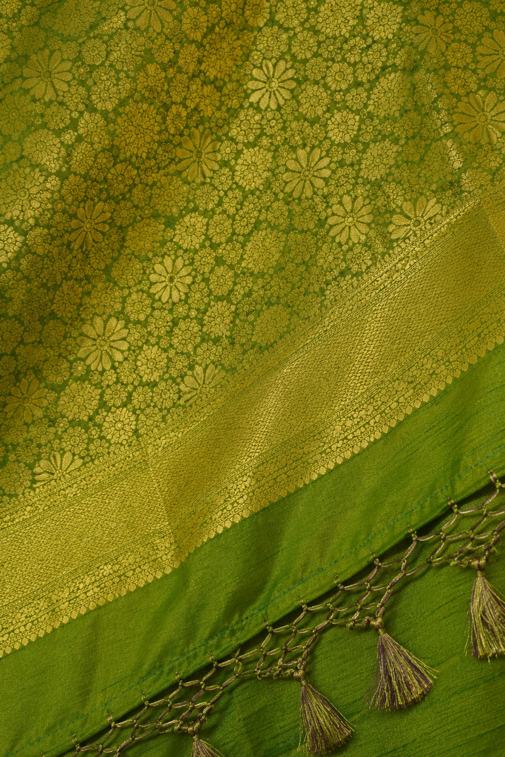 Zartari Handwoven Banarasi Silk Saree in Olive Green with Rich Gold Zari Floral Jaal