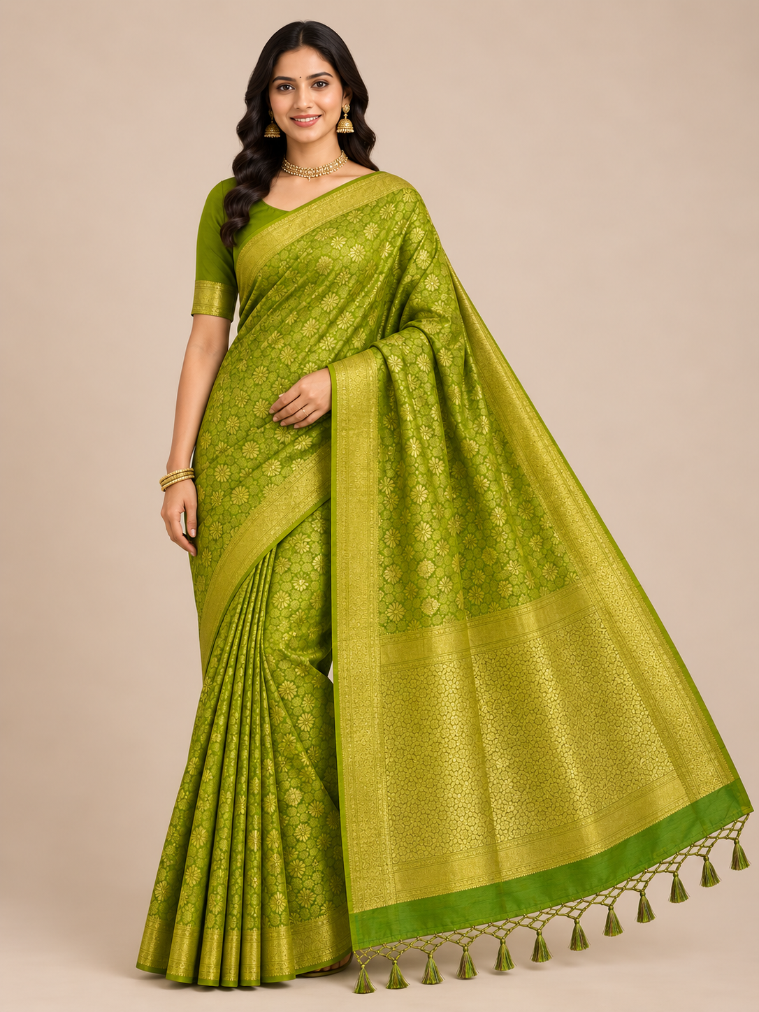 Zartari Handwoven Banarasi Silk Saree in Olive Green with Rich Gold Zari Floral Jaal
