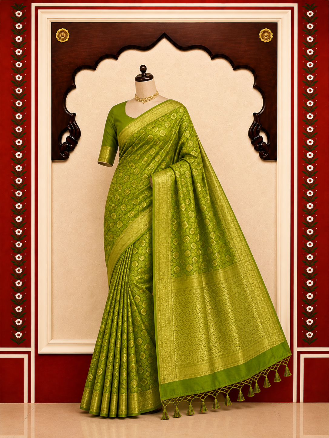 Zartari Handwoven Banarasi Silk Saree in Olive Green with Rich Gold Zari Floral Jaal
