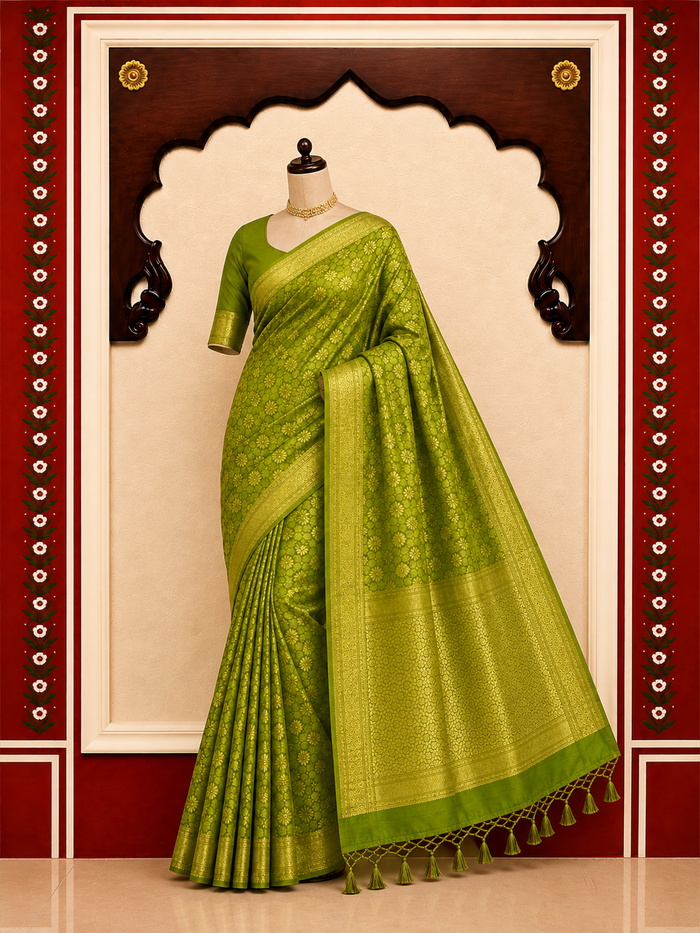 Zartari Handwoven Banarasi Silk Saree in Olive Green with Rich Gold Zari Floral Jaal Alternate Angle