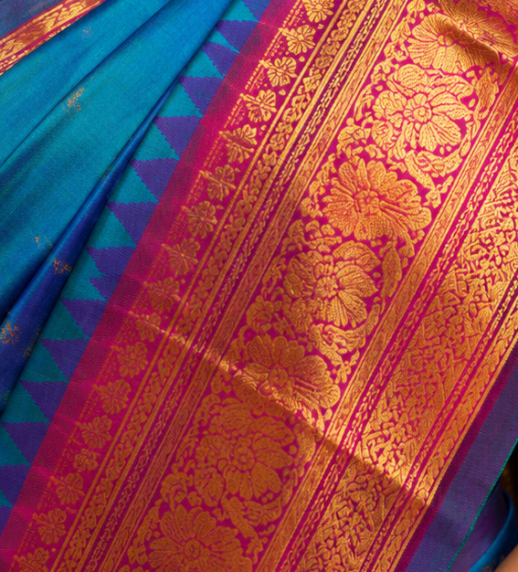 Royal Blue Paithani Style Silk Saree with Magenta Zari Border & Running Blouse