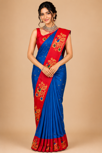 Royal Blue & Red Paithani Style Silk Saree with Peacock Woven Border & Running Blouse