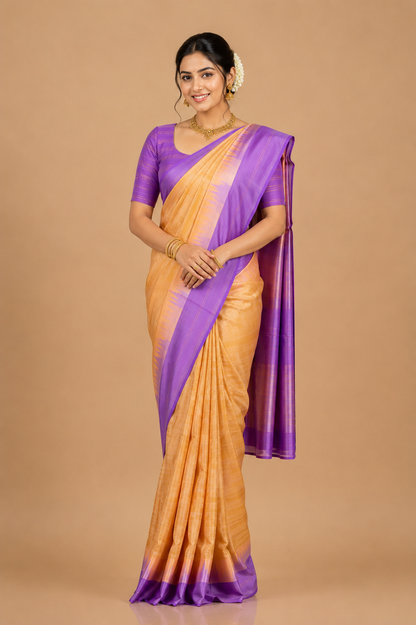 ZARTARI Handwoven Paithani Silk Saree – Golden Beige & Lavender Purple with Traditional Woven Border